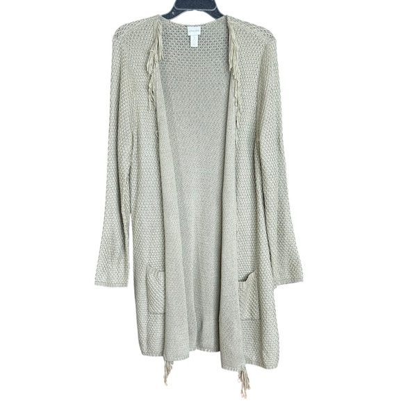 Chico’s Tan Ribbon Knit Fringe Longline Open Cardigan Size: L (Chico's 2) - Picture 6 of 13
